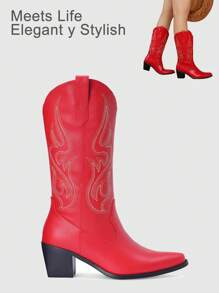 Botas vaqueras ROJAS para mujer - Botas de media caña de estilo vaquero para mujer con diseño bordado, punta puntiaguda, tacón grueso retro, ideales para primavera y otoño, botines cortos clásicos de moda con tira para tirar para señoras - Rojo - Ver 1