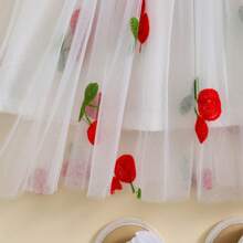 嬰兒女寶寶夏季刺繡雛菊公主裙，泡泡袖款式，新款薄肩帶花卉網紗連衣裙 - 米色 - 查看 6