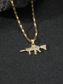 1 Stück modische Hip-Hop-Stil Herren-Halskette mit vollständig eingefasstem Zirkonia Feuerwaffen-Anhänger, Western