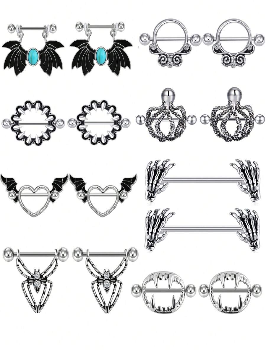 CIZME 1pair Stainless Steel Halloween Elements Nipple Ring Nipple Piercing Jewellery Skeleton Hand Spider Heart Bat Wings Tight Spell Teeth Octopus Multi-Style 14G Body Piercing Jewelry Personalized Give As A Halloween Gift - Silver - View 1