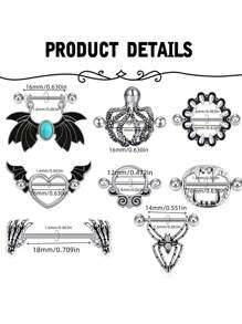 CIZME 1pair Stainless Steel Halloween Elements Nipple Ring Nipple Piercing Jewellery Skeleton Hand Spider Heart Bat Wings Tight Spell Teeth Octopus Multi-Style 14G Body Piercing Jewelry Personalized Give As A Halloween Gift - Silver - View 4