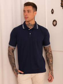 Lucky Star Modas Men's Striped Polo Shirt Piquet Knit - Navy Blue - View 2