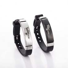 2pcs His And Hers King Queen Crown Romantic Couple Bracelets, Adjustable Size Stainless Steel Silicone Bracelets, Gift For Parties And Festivals