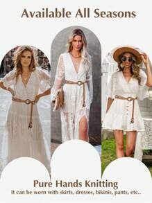 Plus Size Woven Belt, Women's Bohemian Style Woven Belt, Vintage Wax Rope Handmade Wooden Ring Hollow Woven Belt, Black, Camel, Khaki Woven Belt, Suitable For Outdoor Dresses - Multicolor - View 8