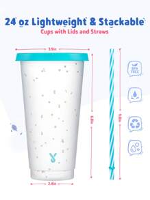 paquete de 6 - Tazas de plástico reutilizables de 710ml con tapa y pajita que cambian de color con confeti, para café helado, fiestas, piscina - Tazas para niños y adultos