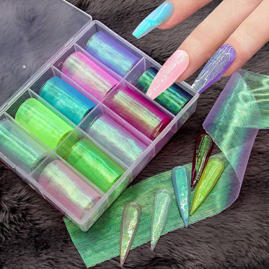 MAOMIA Bộ 6 cuộn trang trí móng tay màu gradient huỳnh quang bằng lưới neon đầy màu sắc Miếng dán chuyển lá móng tay Lưới màng móng tay Đồ dùng nghệ thuật làm móng bằng giấy bạc, Làm móng acrylic - Nhiều màu - Xem 1