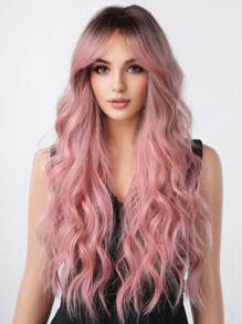 长卷发假发，带刘海，编织合成纤维，逼真头皮效果，适合日常佩戴 - 漸層粉紅色 - 查看 5