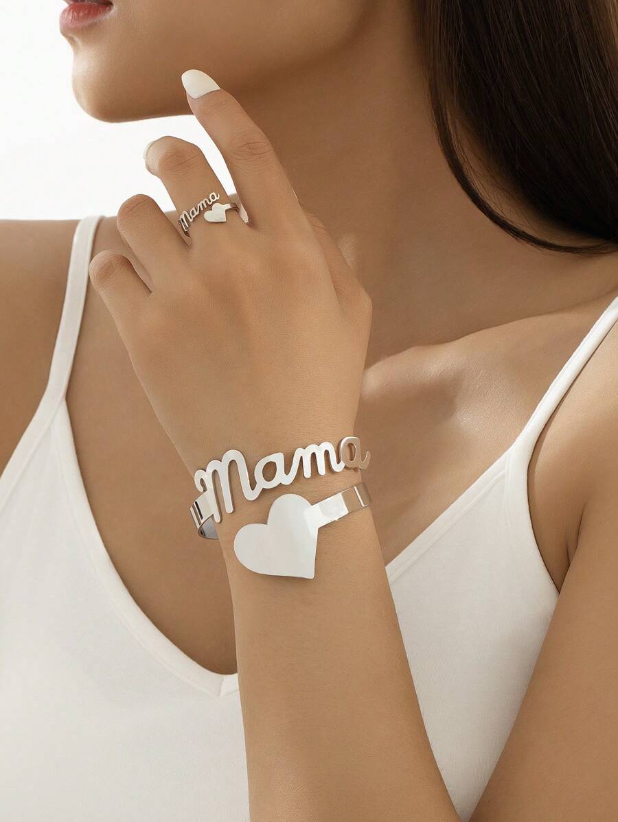 1 套时尚简约“妈妈”字母心形开口手镯和戒指女士首饰套装，非常适合母亲节礼物情人节、妈妈、母亲、母亲节、礼物