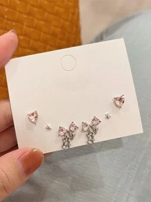 6pcs/Set Y2K Pink Heart Stud Earrings For Women Girls Bow Dangle Earring Set Sweet Crystal Bowknot Drop Earring Fashion Jewelry