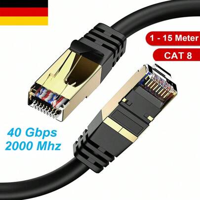 1-15m Lan Cable CAT8 Network Cable Internet DSL Router Patch Cable Ethernet RJ45 Ideal For PC, Notebook, Laptop, TV, Game Consoles Such As Playstation PS4 And PS5 Or Xbox Series S And X, PC, Router, Network Cameras, Network Printers, Servers, Smart TVs, Media Players, Surround Amplifiers, Internet Radios, Etc.