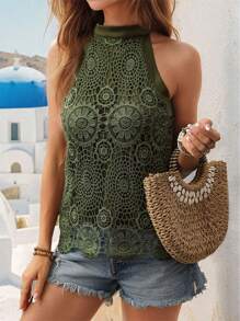 Women's Sleeveless Top With Hanging Neckline And Lace Solid Color In Summer Fashion - 軍綠色 - 查看 3