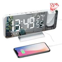 Projection Alarm Clock, Radio Alarm Clock Digital Alarm Clock With FM Radio, 7" LED Mirror Screen, Dual Alarm With USB Port, 4 Projection Brightness, 180 ° Flip Display And 12 / 24Hr - Silver - View 4