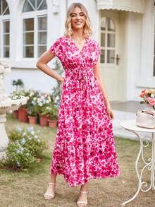 GOOTUCH V-Neck Batwing Sleeve Elastic Waist Long Dress - Pink - View 1