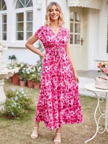GOOTUCH V-Neck Batwing Sleeve Elastic Waist Long Dress