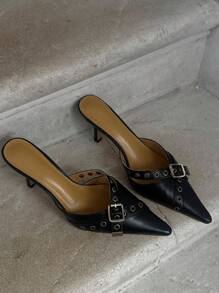 Mules Heels For Women Pointed Closed Toe Kitten Heeled Sandals Buckle Slip On Studded Pointed Stiletto Heels Party Dress Pumps - màu đen - Xem 8