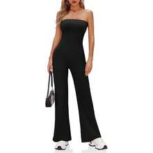 BZB Women's Strapless Ribbed Flare Jumpsuits One Piece Tube Top Casual Long Pants Rompers - Black - View 5