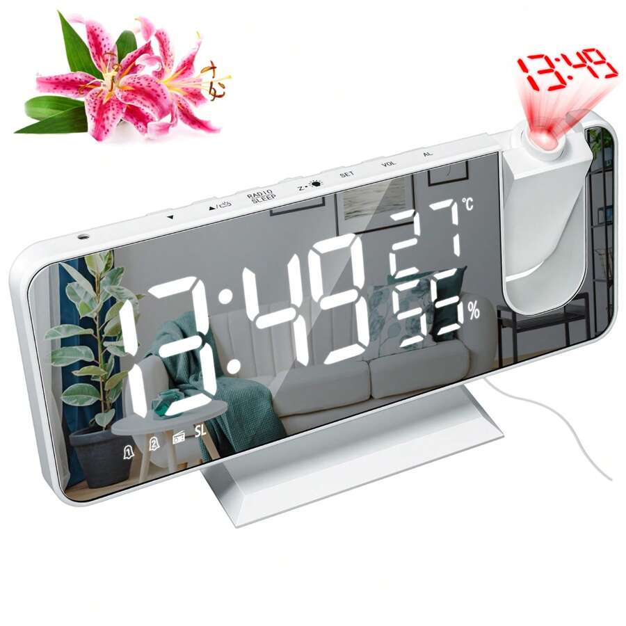 Projection Alarm Clock, Radio Alarm Clock Digital Alarm Clock With FM Radio, 7" LED Mirror Screen, Dual Alarm With USB Port, 4 Projection Brightness, 180 ° Flip Display And 12 / 24Hr - Silver - View 1