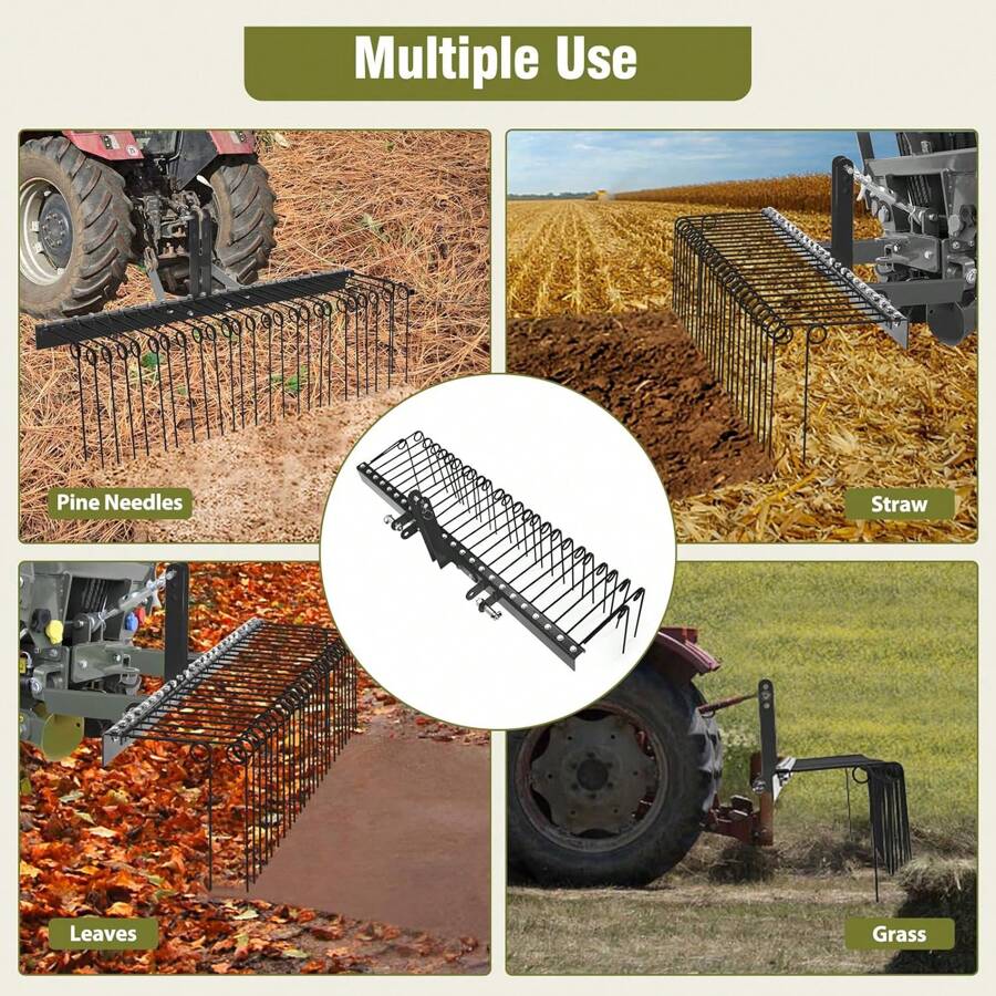 72 Inch Pine Straw Rake, 30 Coil Spring Tines Durable Powder Coated