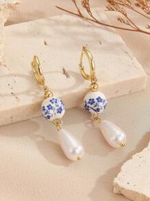 1 Pair Vintage Chinese Style Blue Floral Printed Faux Pearl Ceramic Dangle Earrings, Copper Imitation Blue And White Porcelain Ear Accessory For Women's Daily Wear - Nhiều màu B - Xem 3