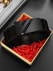 1條時尚男士純色扣頭PU皮帶（不含禮盒），適用於工作 - 黑色 - 查看 1