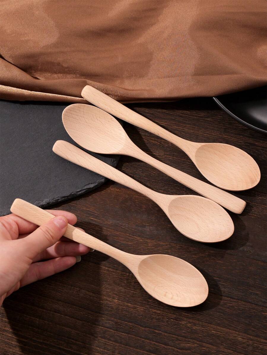 4 STÜCK unbehandelte Holzhonig-Löffel für Tee, 19cm Holzlöffel zum Essen, Buchenholz-Tafellöffel für Speisen, Dessert, Milch, Kaffee und Suppe, kleine hölzerne Servierbestecke als Weihnachtsgeschenk - Aprikosenfarben - Übersicht 1