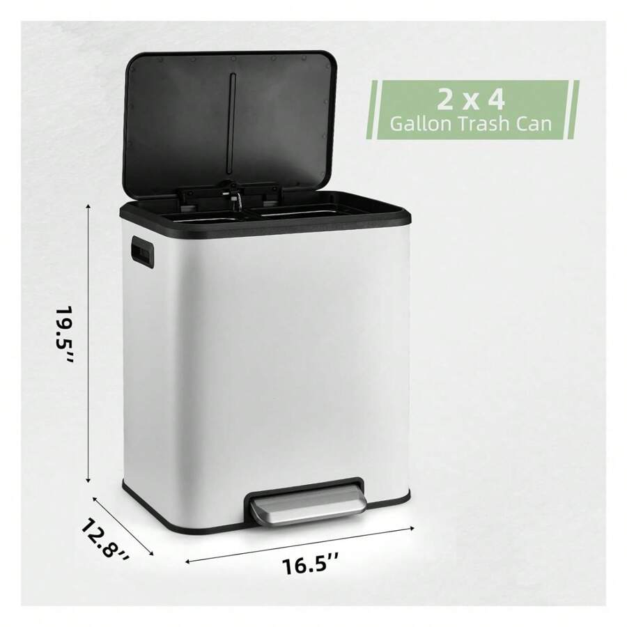8 Gallon Kitchen Trash Can, Dual Removable Liners For Recycling And