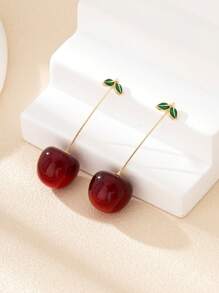 1pair European And American INS Fashionable Resin Fruit Drip Green Leaf Cherry Earrings, Suitable For Women, Ideal For Summer, Travel, Vacation, Wedding, Banquet, Birthday Gift For Friend, Unique Earring To Switch Up Your Look - Cherry Earrings - View 9