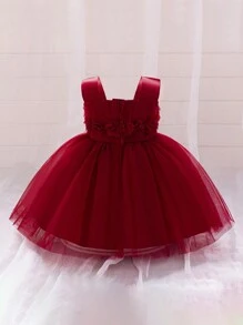 Baby Girls' Solid Color Mesh Sleeveless Wide Strap 3D Floral Elegantc Flower Girl Dress For Wedding Party, Headband Not Included - Burgundy - View 3