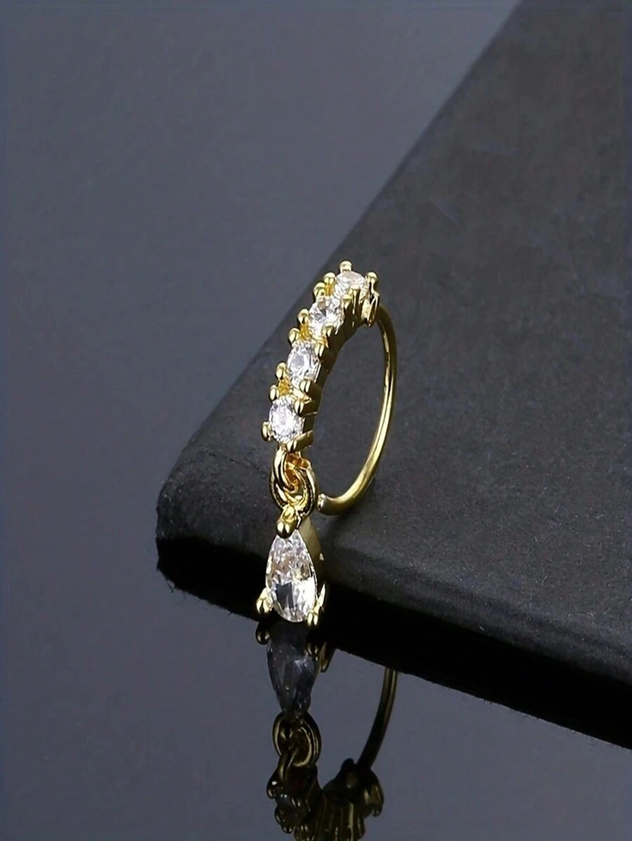 Kẹp mũi đính đá Rhinestone thanh lịch mới, nhẫn mũi có thể điều chỉnh với mặt dây chuyền bằng đồng hình giọt nước treo, phụ kiện trang sức kiểu xỏ khuyên - vòng mũi - Xem 1