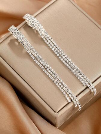 2pcs New Silver Tone Exaggerated Fashion Tassel Clip-On Earrings Adorned With Rhinestones For Women, Suitable For Weddings