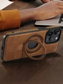 手机支架复古 PU 皮革磁性手机壳适用于 16 15 14 Plus 13 12 Pro Max - 带隐形指环支架支持无线充电防水防震防摔防刮 - 棕色 - 查看 11