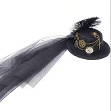 Steampunk Mini Top Hat With Gear Accessories, Lolita Net Veil Dark Floral Party Performance Decor Hat - Black - View 7