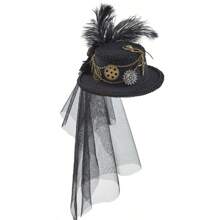 Steampunk Mini Top Hat With Gear Accessories, Lolita Net Veil Dark Floral Party Performance Decor Hat - Black - View 1