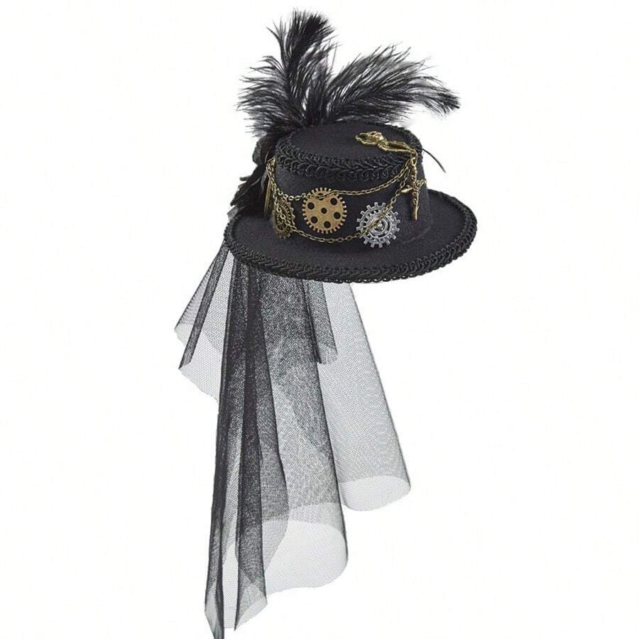 Steampunk Mini Top Hat With Gear Accessories, Lolita Net Veil Dark Floral Party Performance Decor Hat - Black - View 1