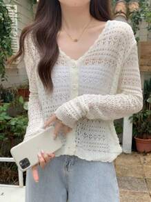 1pc Women's Shrug, Loose V-Neck Hollow Out Knitted Air-Conditioned Shirt, New Style Long Sleeve Sunscreen Cover Up Top Accessories Women