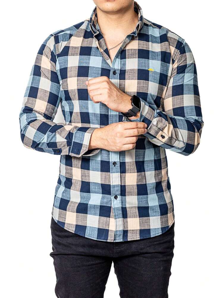 Camisa Hombre Casual Slim Fit Cuadros Marino, Verde, Beige - Azul Marino - Añade 3