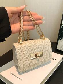 新款迷你方形女士包，配有菱形網孔和高品質縫製，編織鍊肩背包，蓋子手抓包，可愛的斜挎包配件