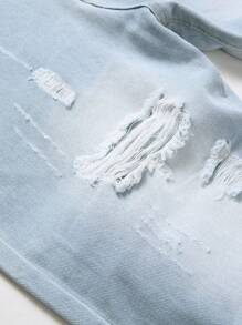 Light Blue Ripped Faded Slim Fit Straight Leg Jeans For Men, Emo Style - Baby Blue - View 4