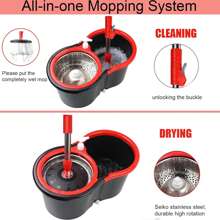 Spin Mop And Bucket Set, 360° Spin Mop And Bucket With Wringer Set And 3 Microfiber Mop Refills, Stainless Steel 61" Extended Handle Spinning Mop Bucket System For Floor Cleaning,Black - Black - View 3