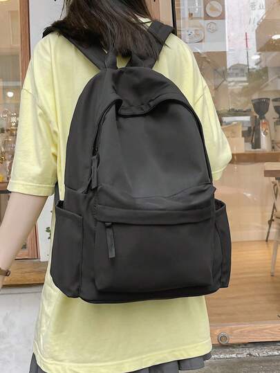 1pc Black Nylon Leisure College Style Multipurpose Backpack With Multiple Pockets And Large Capacity, Suitable For Women, Youth, Students, Commuting, Shopping, Traveling, Parties, Gatherings, Classes, Training, Graduates, Holiday Gifts