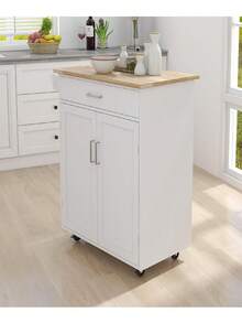 Carrito de islas de cocina con ruedas, estantes ajustables y estante para toallas, con cubierta de madera de caucho, promoción de - Blanco - Ver 4