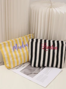 Personalized Striped Canvas Makeup Bag, Custom Name Embroidered Cosmetic Bag, Travel Toiletry Pouch, Bridesmaid Gift, Gift For Her Back To School - Multicolor - View 4