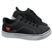 Tênis Feminino Casual Heart Sapatênis Branco Preto Versátil Confortável Estilo e Conforto Novo - Preto - Visão 4