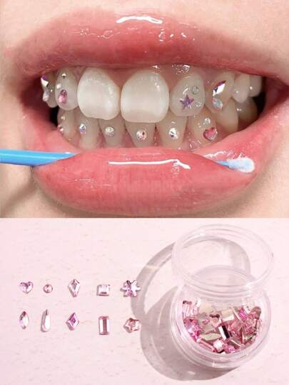 50入組 Y2k風格時尚10款牙齒裝飾寶石，面部和指甲裝飾，心形和蝴蝶形DIY 牙齒珠寶套裝（不含膠水）