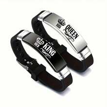2pcs His And Hers King Queen Crown Romantic Couple Bracelets, Adjustable Size Stainless Steel Silicone Bracelets, Gift For Parties And Festivals