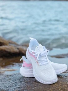 Women's Fashionable Lace-Up Breathable Walkinig Flat Sneakers, Lightweight And Comfortable White Sports Shoes