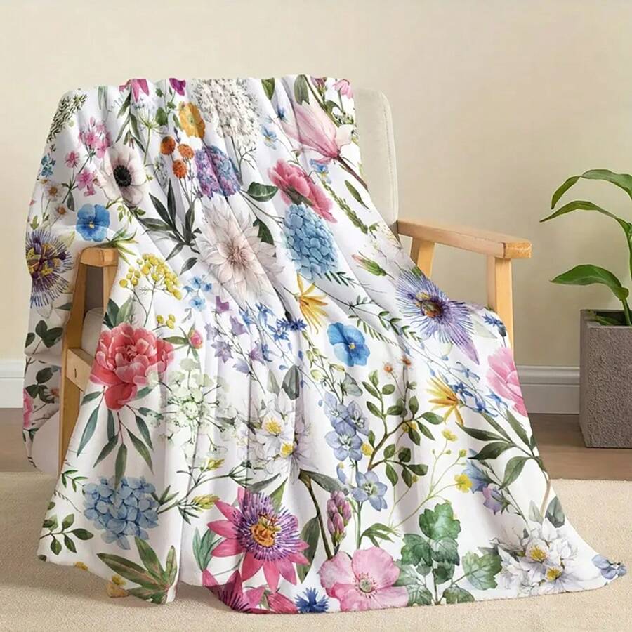 1pc Floral Print Soft And Comfortable Blanket - Ideal Birthday Or Holiday Gift For Travel, Sofa, Bed, And Office Use