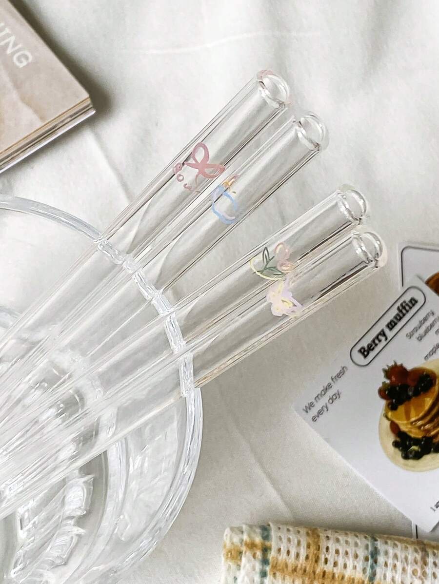 1件/3件/4件/10件简约玻璃吸管饮料吸管蝴蝶结印花透明吸管日常派对用品家居厨房用品学校用品、圣诞礼物 - 無色 - 查看 1