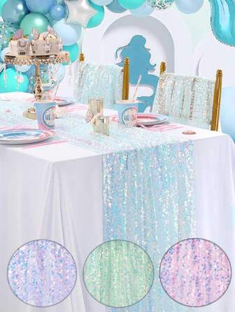 1pc Mermaid Sparkly Sequin Table Runner, For Girls' Birthday Party, Wedding, Festival Decoration
