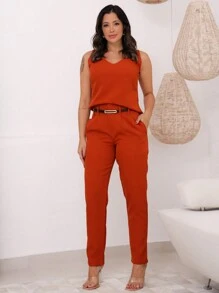 MY FASHION Women's Tailored Tank Top And Pants Set With Belt - 棕色 - 查看 1